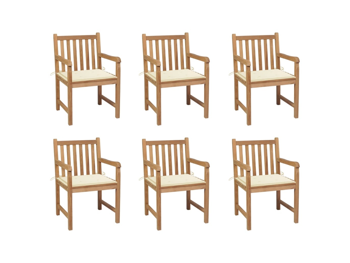 Sillas de jardín con cojines color crema, 6 piezas, teca maciza, DKD Home Decor