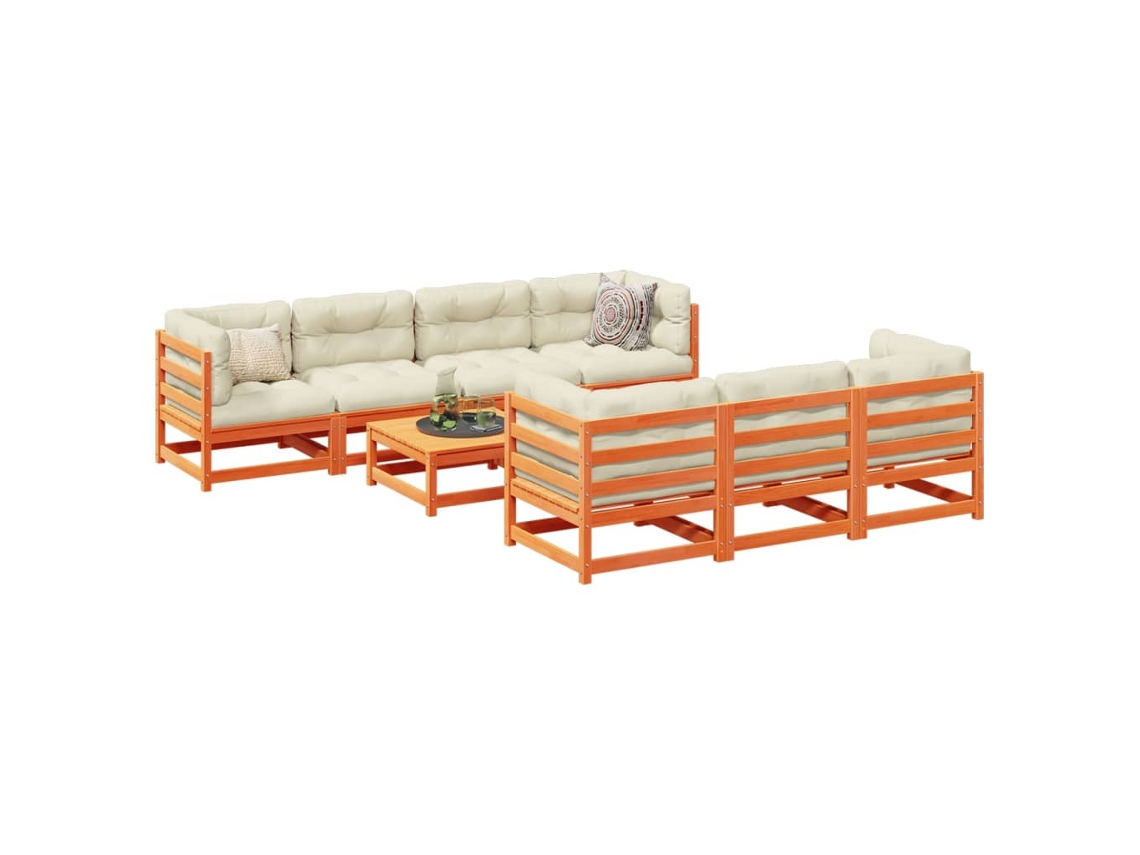 Conjunto de sofá de jardín de 8 piezas con cojines en pino macizo, marrón miel, DKD Home Decor