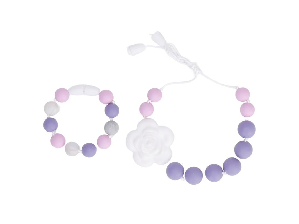 Colar e pulseira mordedor de silicone rosa para bebê Roxo Lilás
