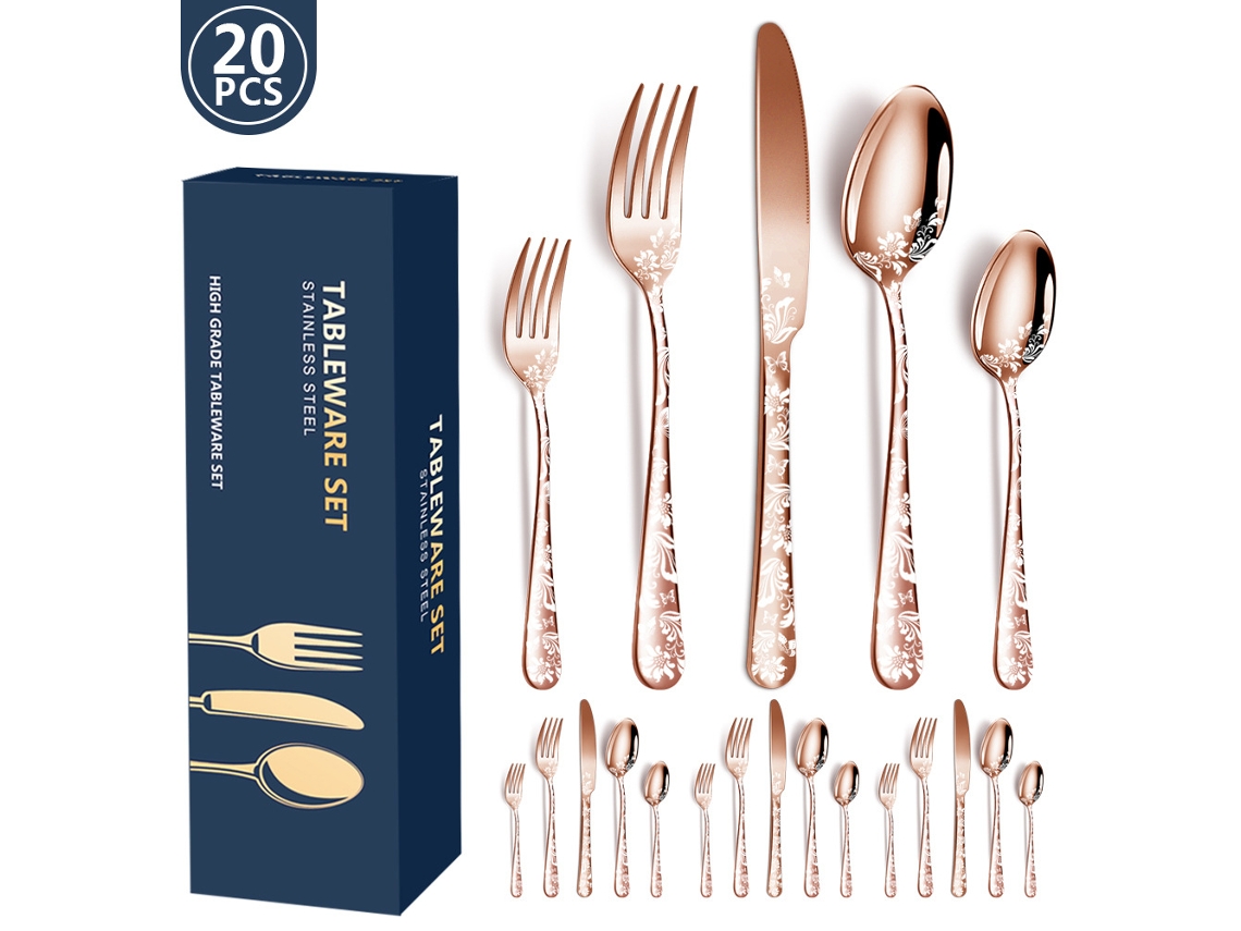 Conjunto de Talheres de Aço Inoxidável 20 Und-Ouro Rosa GERTIZ