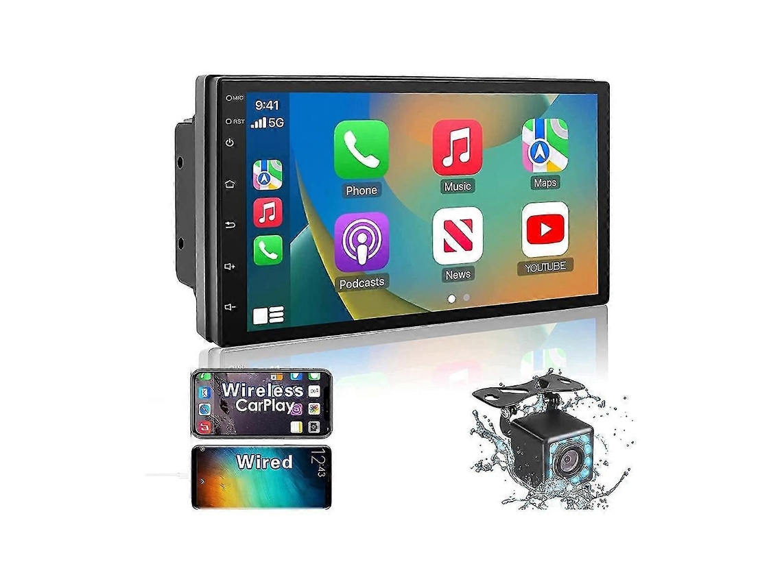 Radio para coche doble DIN con Android Auto, CarPlay, pantalla táctil de 7 pulgadas, 232 g, Bluetooth y FM.