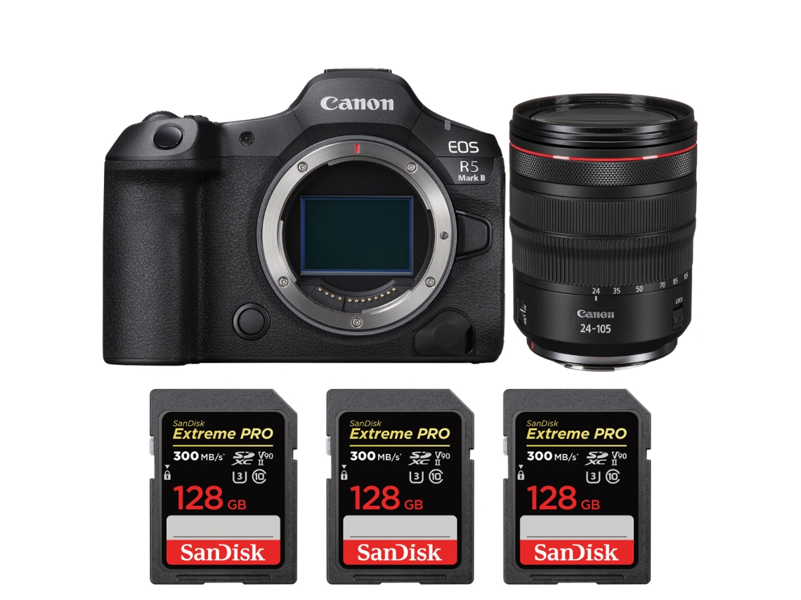 Canon EOS R5 Mark II + RF 24 105mm F/4 L IS Usm + 3 Sandisk 128GB UHS II 300MB/s + Libro electrónico “20 consejos para fotos impresionantes”