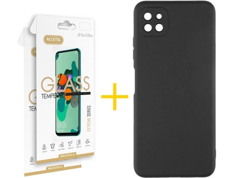 Funda y Protector de Vidrio 2 x Samsung Galaxy A22 5G ACCETEL Silicona Líquida Negro
