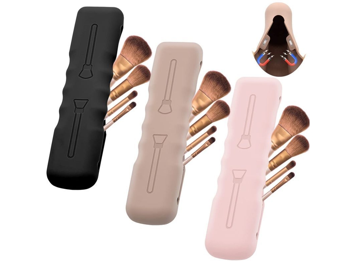 Estuche De Silicona Para Brochas De Maquillaje (3 Unidades, Color Negro, Rosa Y Amarillo) Con Cierre Magnético.