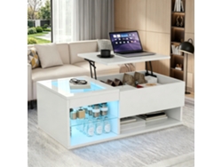 Mesa De Centro Elevable, En Madera Blanca Brillante, Con Led Rgb Y Almacenamiento, Para Salón Moderno, 100x55x35cm