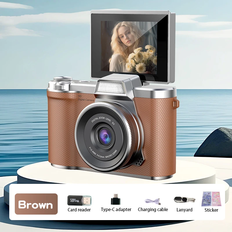 (marrón, Sin Tarjeta) Cámara Digital 4k, Recargable, Pantalla Abatible De 180°