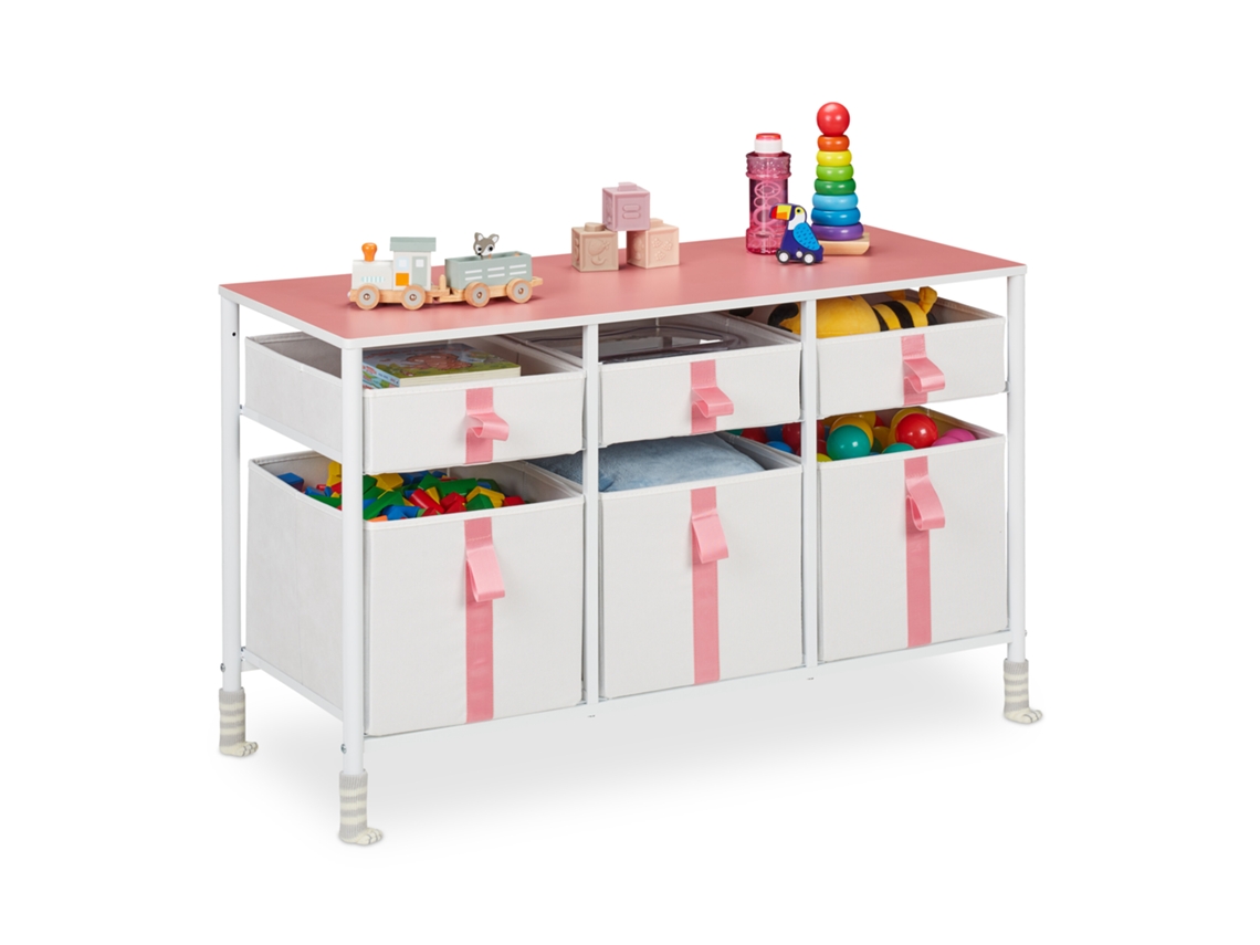 Relaxdays Cómoda Infantil, 6 Cajones De Tela, Cajonera Habitación Juguetes, Niños, 61,5 X 100 X 40,5 Cm, Blanco Y Rosa