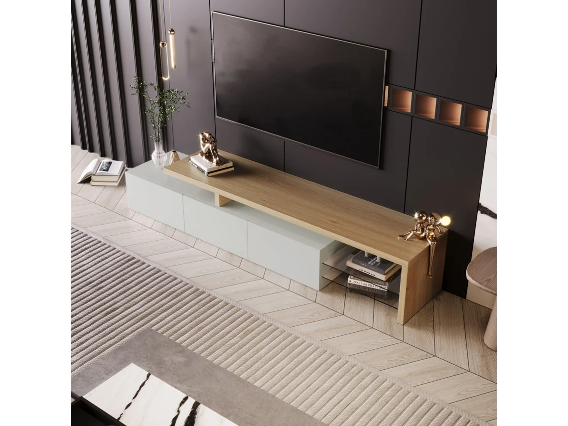 Mueble TV 200x39x42 cm, Iluminación LED RGB Ajustable, Capacidad 60 kg, Blanco, Para Sala o Dormitorio