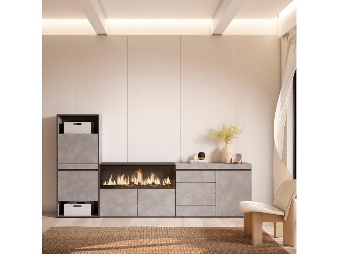 Zapatero, 274x145x35 cm, Dormitorio, habitación, Chimenea eléctrica XXL, Cómoda, Cajonera, Cemento SKRAUT HOME