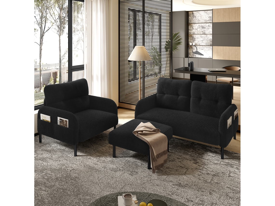 Conjunto de 3 piezas: sillón, puf y sofá de 2 plazas con bolsillo lateral, estructura de acero y respaldo extraflexible, color negro.