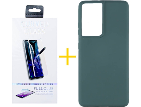 Carcasa y Protector de Pantalla de Vidrio Samsung S21 Ultra ACCETEL Silicona Líquida Verde