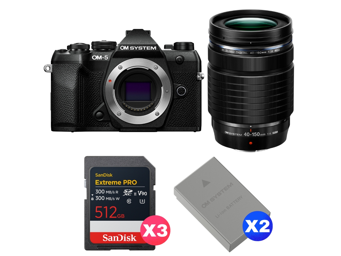 Om System Om-5 Mark Ii Negro + 40-150mm F/4 Pro + 3 Sandisk 512gb Extreme Pro Uhs-ii Sdxc + 2 Om System Bls-50 + Ebook Pricedirect