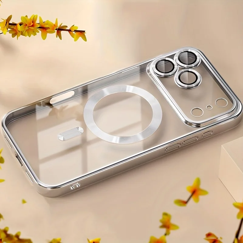 (iphone 14 Plus Plata) Funda Magnética Transparente Magsafe Para Teléfono, Protección De Lente, Funda Blanda Galvanizada