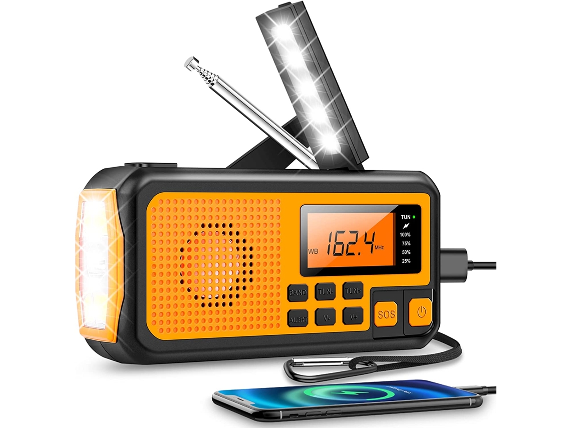 Radio de emergencia portátil AM/FM con carga solar, manivela, USB, pilas AA, linterna, lámpara de lectura y alarma SOS. Viewleaf