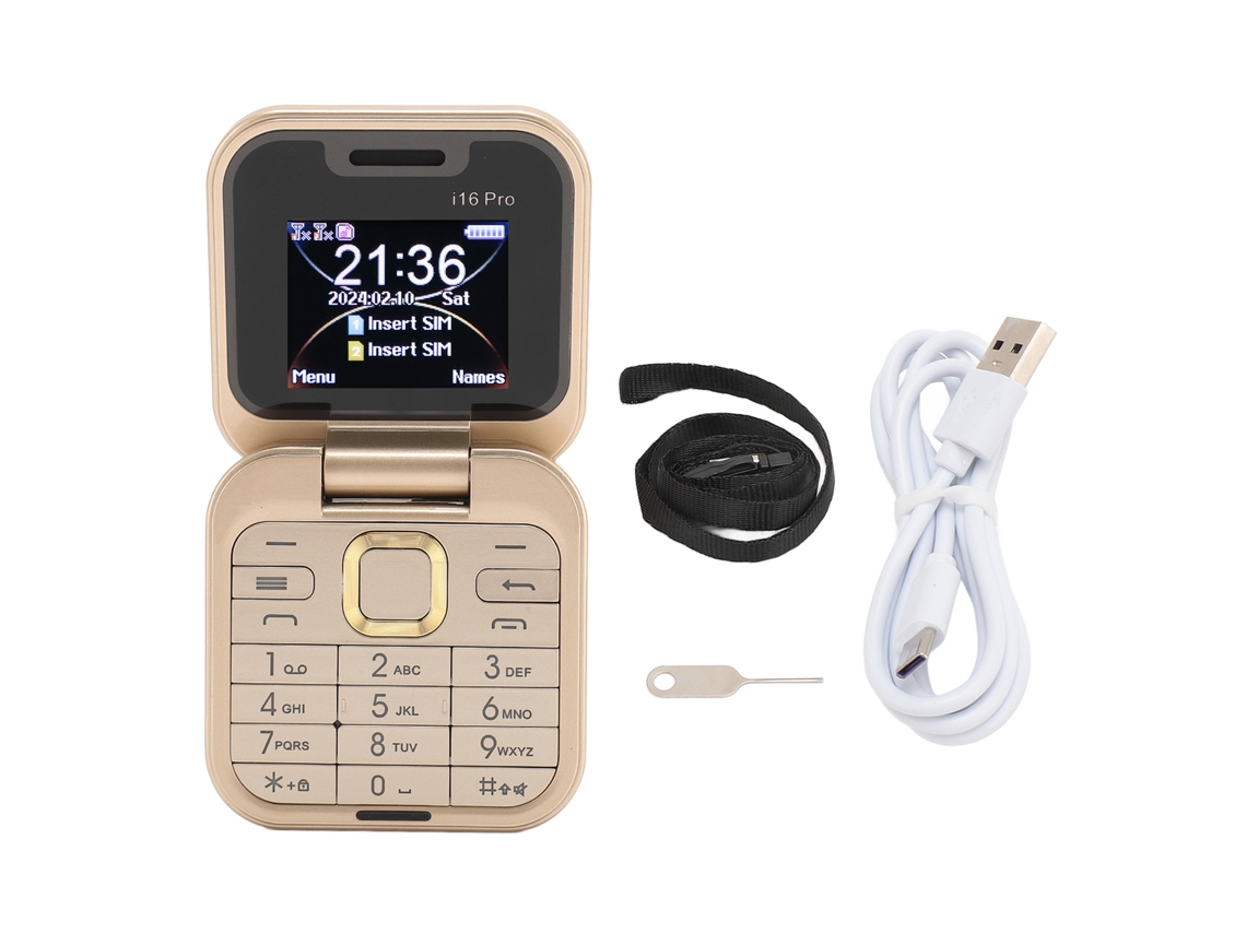 Teléfono pequeño plegable I16pro con doble SIM, doble modo de espera, tarjeta de memoria de 16 GB, multiidioma, 2 GB de bolsillo, para niños y mayores, dorado