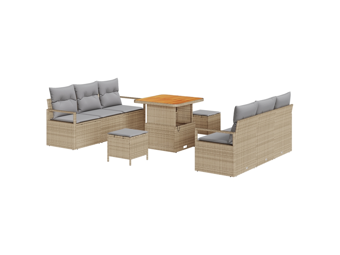 Conjunto de sofá de jardín Vidaxl de 9 piezas con cojines en ratán beige y poliéster acacia