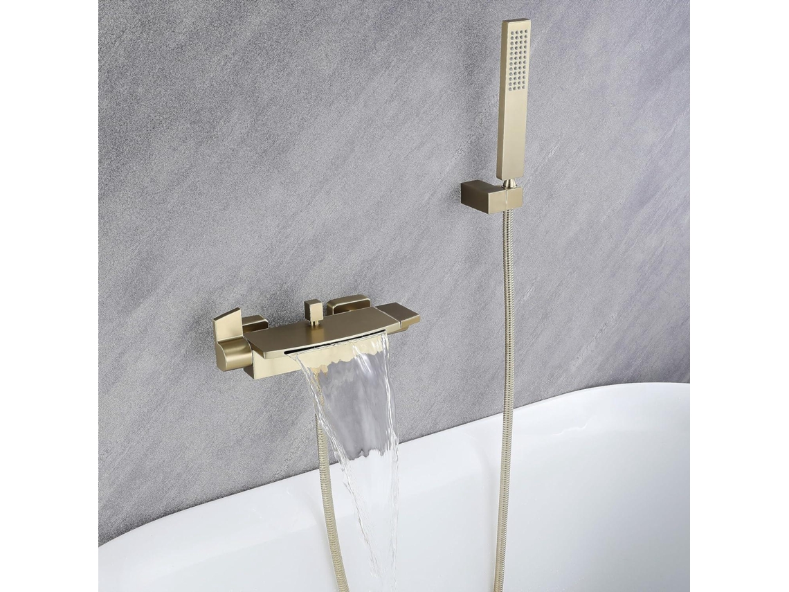 Grifo de bañera de cascada de pared Ehstmind, cabezal de ducha de cascada, grifo de bañera con agua caliente y fría (oro cepillado)