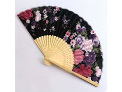 Abanico plegable con estampado floral y varillas de madera. Vayotoy