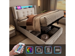 Cama Tapizada De 90x200 Cm Con Led, Usb C, Compartimento De Almacenamiento Hidráulico Y Estructura Metálica Beige.