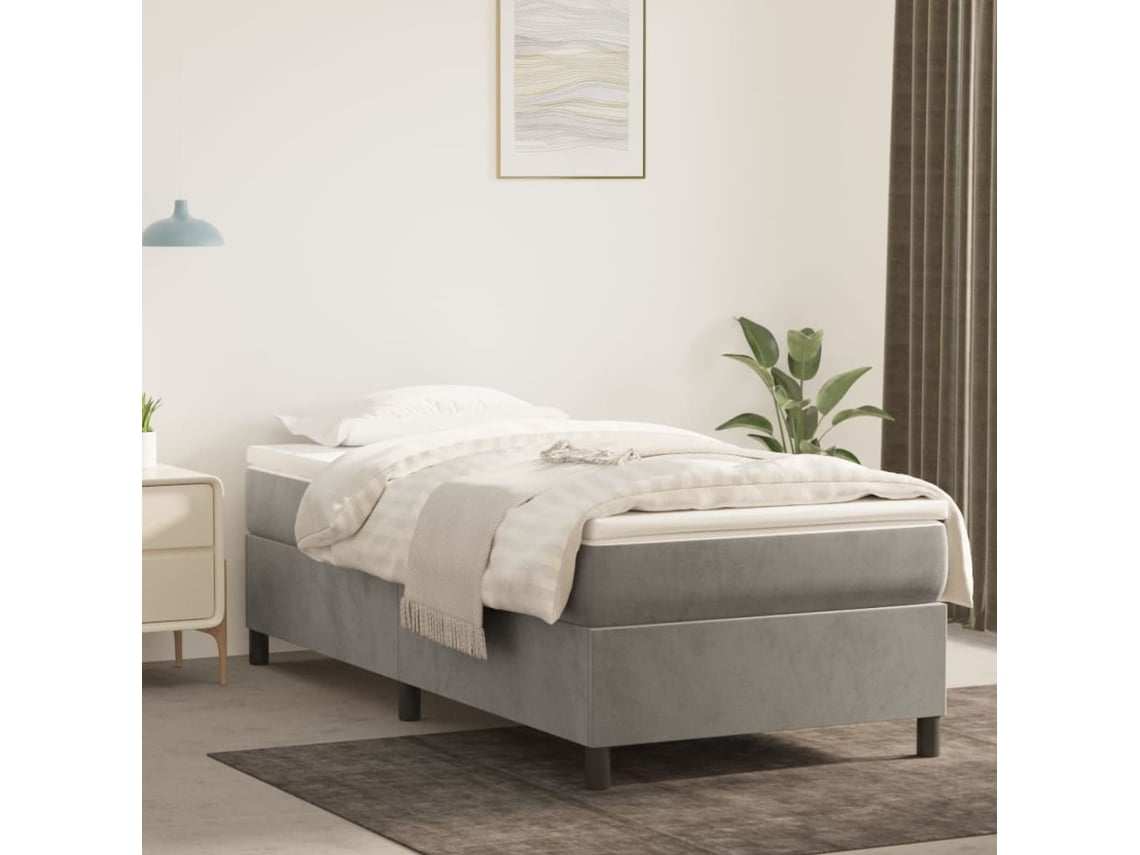 Cama Box Spring Con Colchón Terciopelo Gris Claro 90x190 Cm
