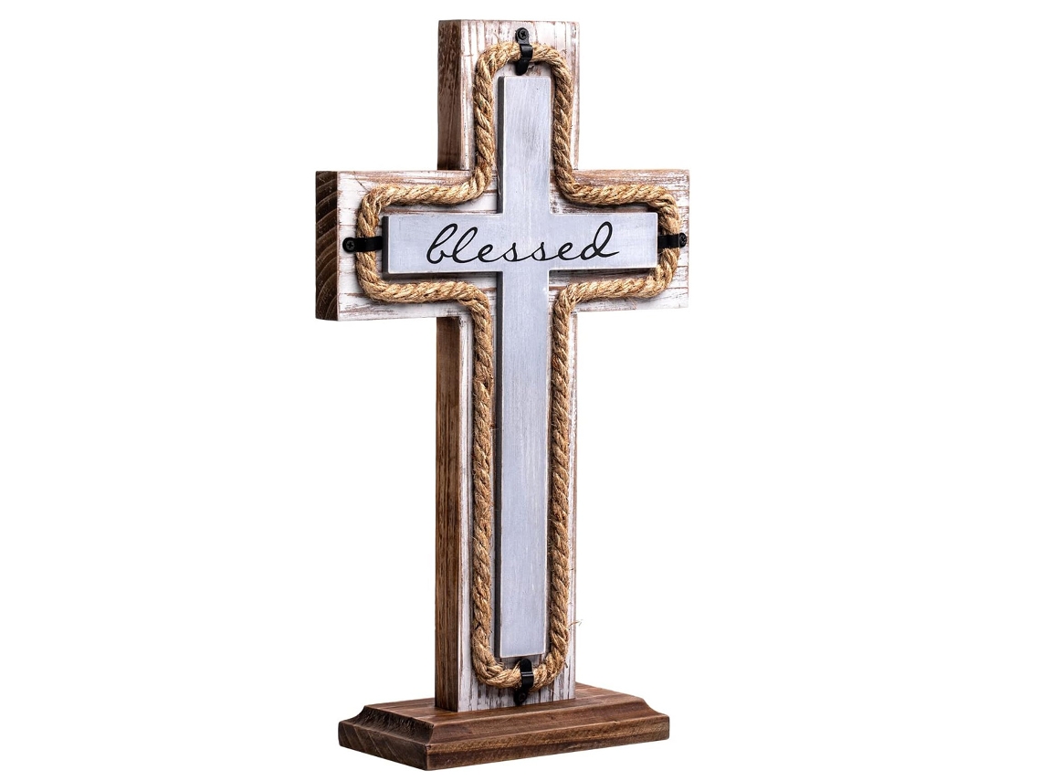 Cruz de madera con base extraíble, cruz religiosa espiritual para decoración del hogar, exhibición rústica de fe con colgante de metal para uso doméstico.
