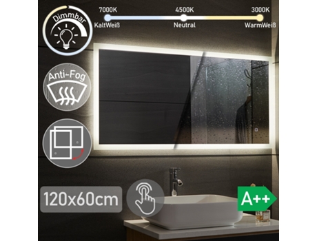 Espejo de WC retroiluminado - 120 x 60 cm, A++, Iluminación Trasera Blanca Fría/Cálida/Neutra, Táctil, Antivaho - Espejos