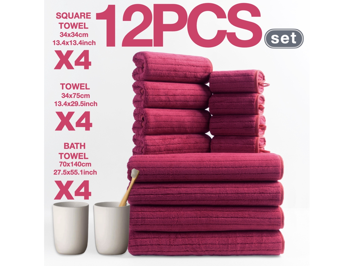 Toalla de baño SIURN de vellón coral a rayas, suave y absorbente, 12 unidades, roja