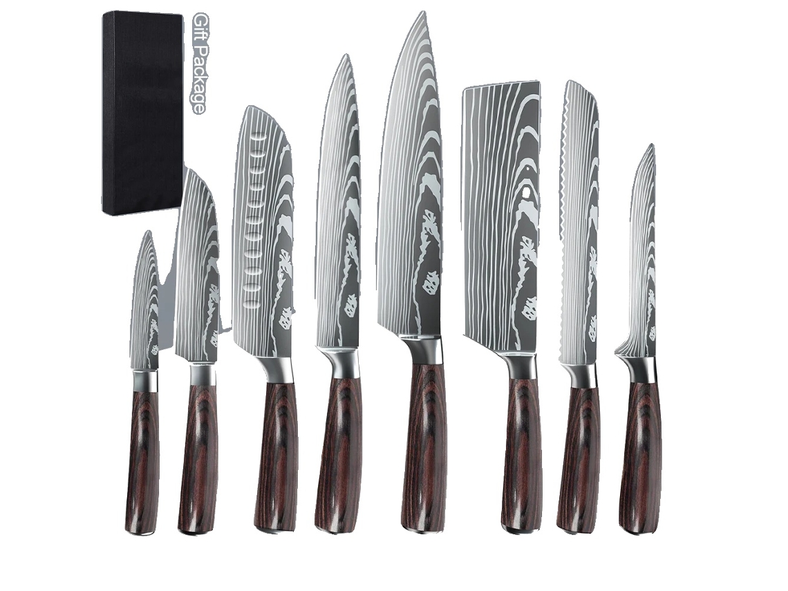 Juego de cuchillos de chef, acero inoxidable 7cr17, mango ergonómico de madera, 8 piezas OEM