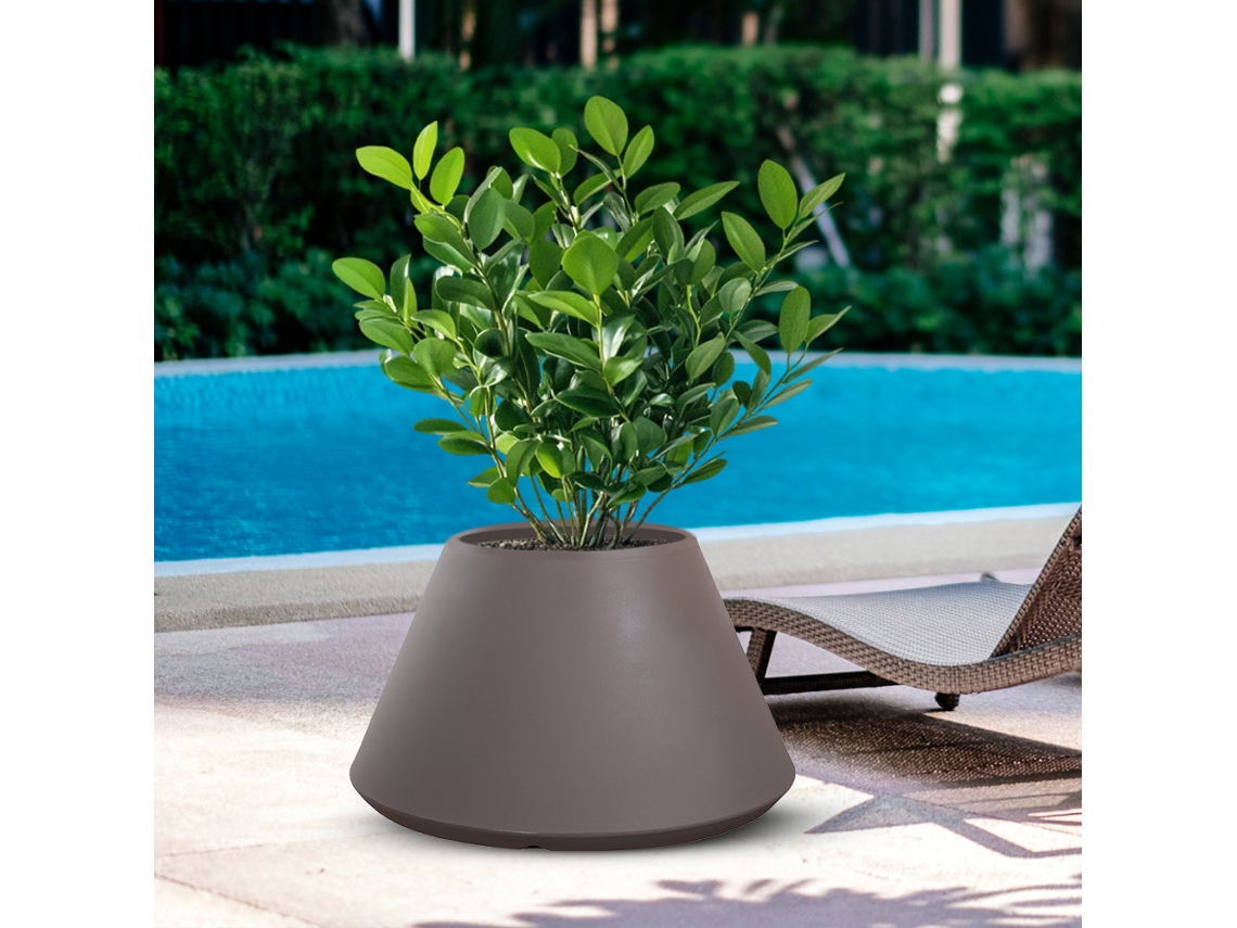 Jarrón Stromboli Pigeon Grey, redondo y cónico, fabricado en resina, para plantas de interior y exterior, 60 cm de diámetro x 35 cm de altura.