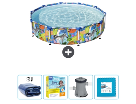 Piscina BESTWAY Round Steel Pro - 305 x 66 cm - Estampado Selva - Incluida Vela solar - Paquete de mantenimiento - Bomba - Baldosas