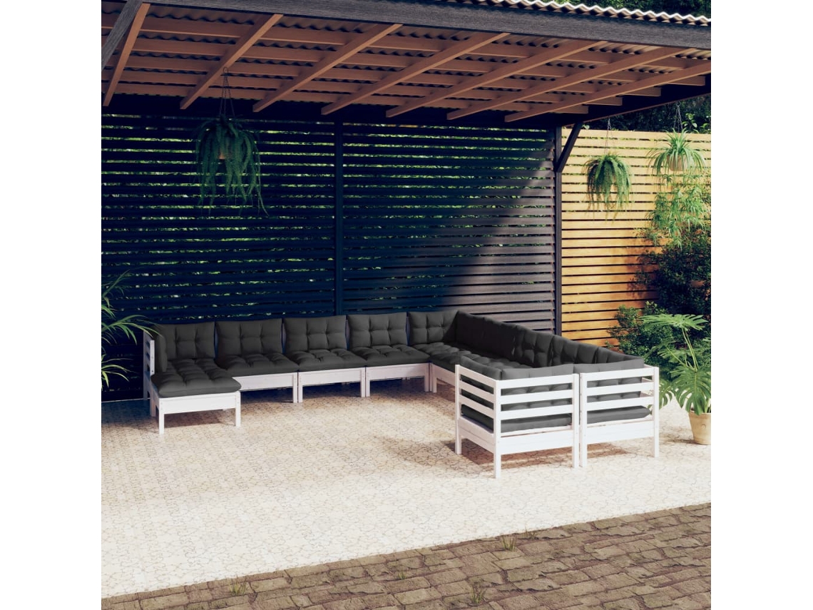 11 Piezas Conjunto Lounge De Jardim C/ Almofadões Pinho Branco Dkd Home Decor