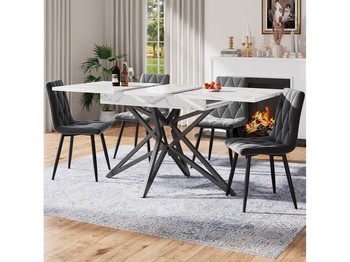 Mesa Extensible 120(160)x80 Cm Patas Estrella Hierro Negro, Efecto Mármol/nogal
