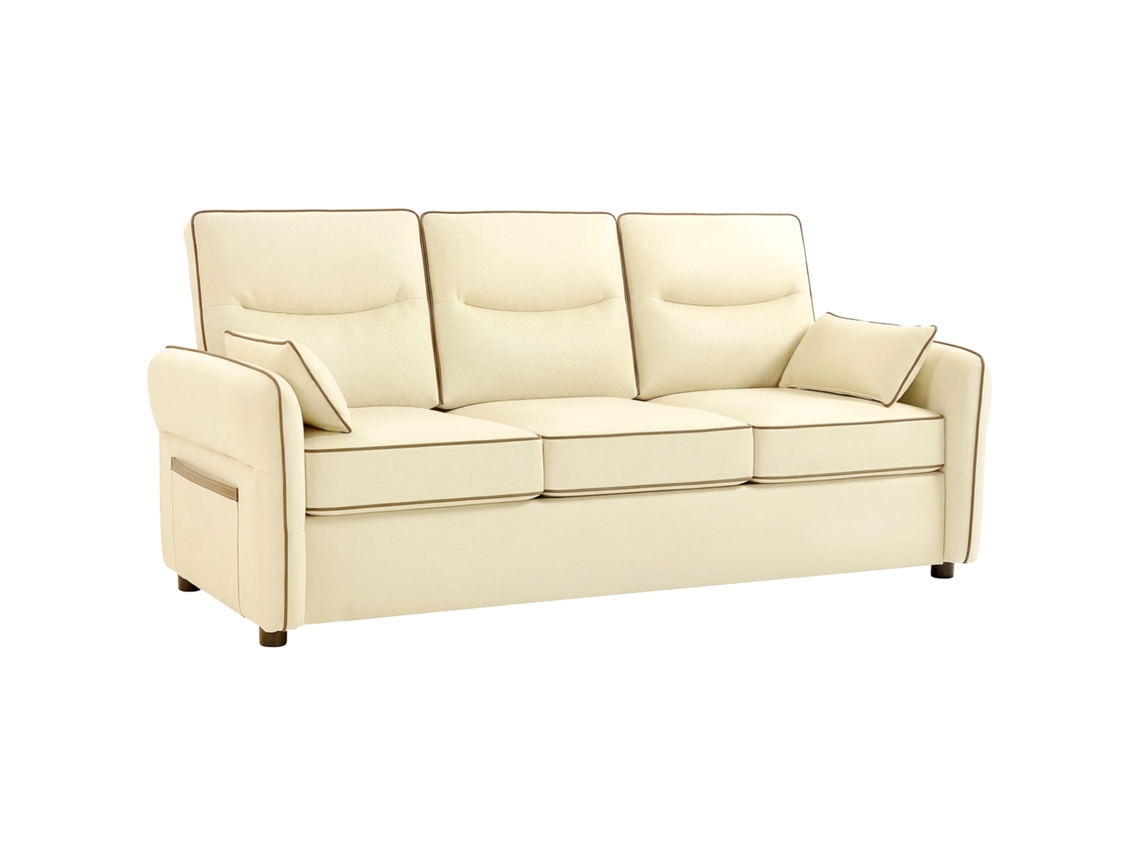 Sofá De 3 Plazas En Piel Sintética Beige Con Bolsillos.