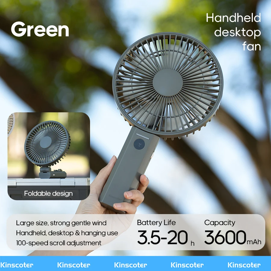Ventilador Portátil Plegable (verde), 3600 Mah, Adecuado Para El Hogar, Exteriores Y Viajes.