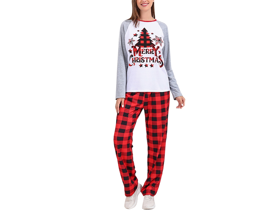 2026altiro-pijamas Navideños De Familia Con Cuadros Y Árbol, Manga Larga, Cuello Redondo, Rojo, Talla M Para Mujer