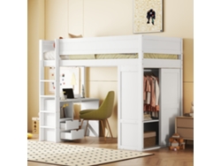 Cama alta infantil versátil de 90*200cm, equipada con armario, escritorio y cajones, en color blanco.