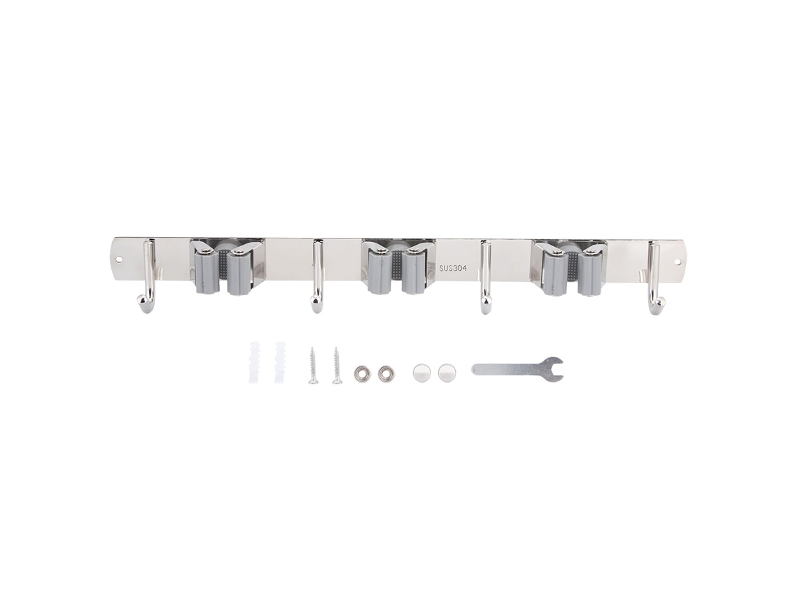 Soporte de pared para escobas y fregonas, acero inoxidable 304, 3 estantes, 4 ganchos, color gris.