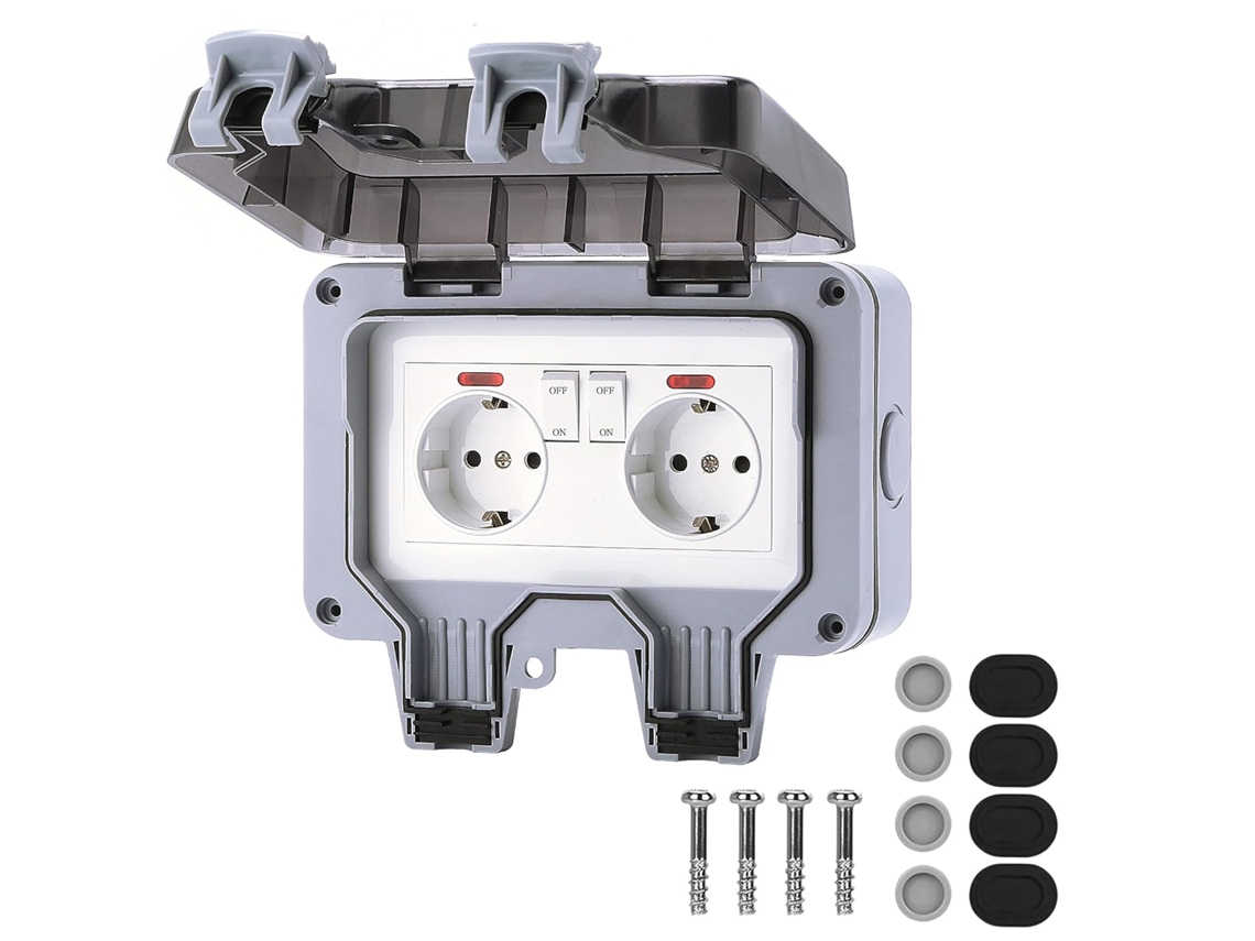 Toma Exterior Doble Ip66 Empotrada Con Interruptor Independiente Y Luz Indicadora Para Baño Jardín