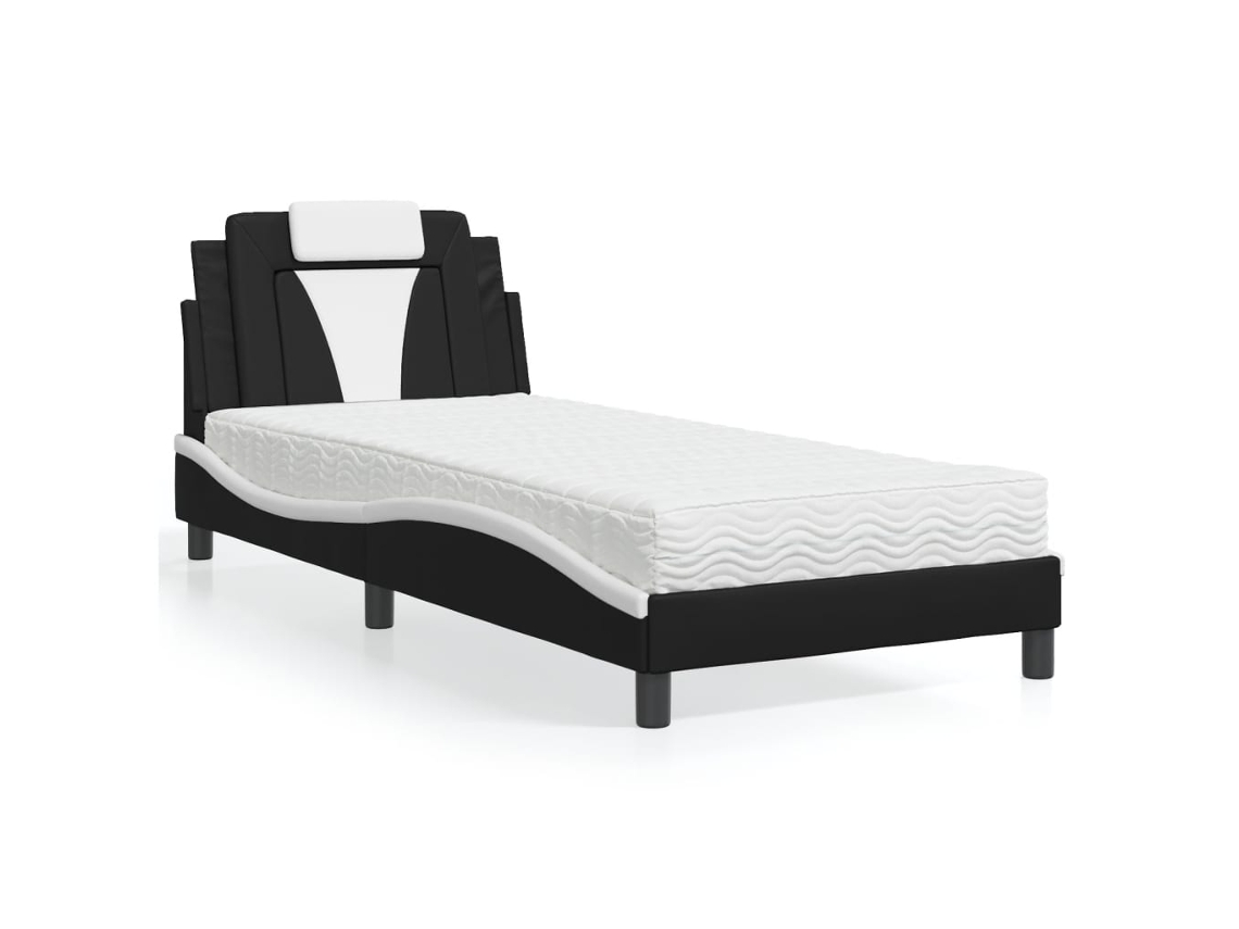 Cama Con Colchón Cuero Sintético Negro Y Blanco 90x200 Cm