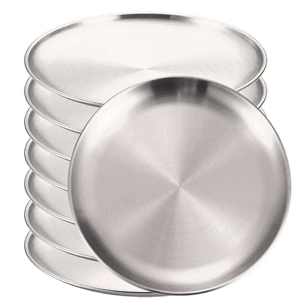 (8pcs, Plata, 20cm) Bandeja Redonda De Acero Inoxidable, Resistente A La Oxidación, Ideal Para Acampar, Barbacoa, Etc.
