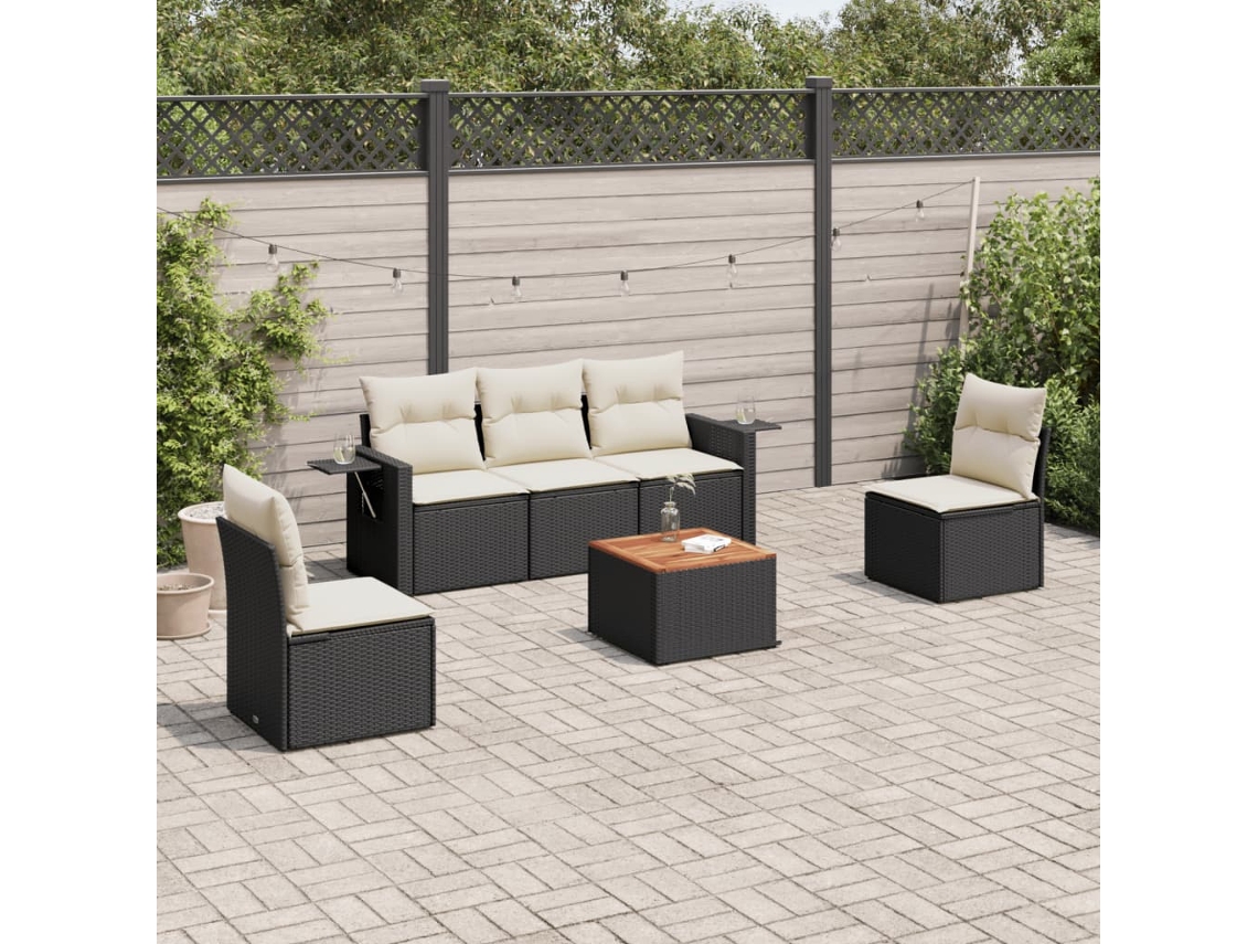Conjunto de sofá de jardín de 6 piezas con cojines, mimbre sintético negro, DKD Home Decor