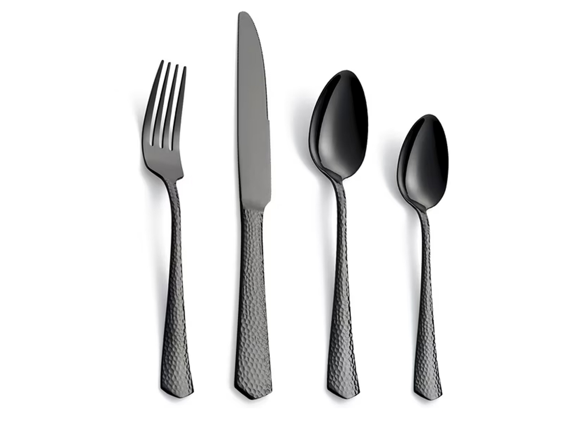 Juego de cubiertos de acero inoxidable negro, 24 piezas, con tenedores, cucharas y cuchillos, para 6 personas, apto para lavavajillas.