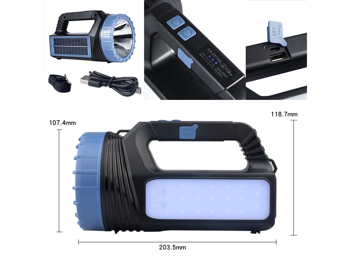 Linterna LED multifuncional con energía solar y luz de emergencia, color azul.