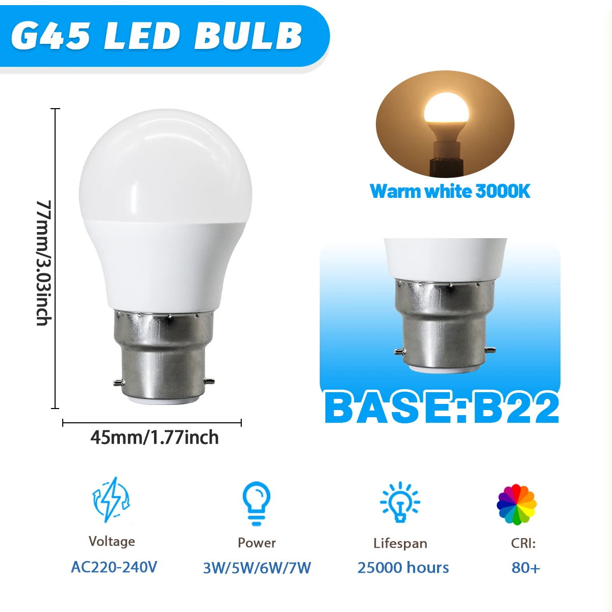 (b22 3000k, 5w) 4 Bombillas Led G45, Ac220v-240v, Sin Parpadeo, Respetuosas Con La Vista, Aptas Para Iluminación Doméstica.
