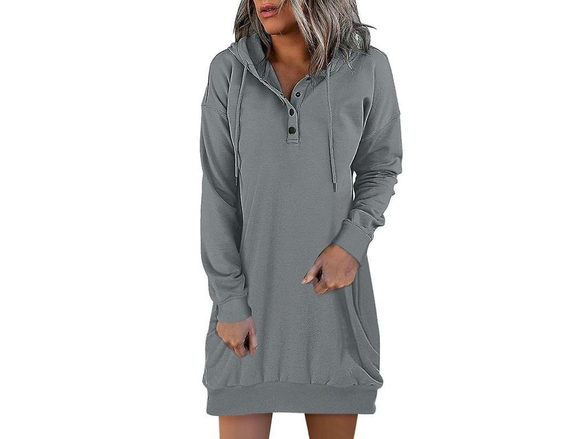 2026-vestido De Sudadera Con Capucha Para Mujer Vintage Otoño Invierno Botones Suelto Manga Larga S Gris