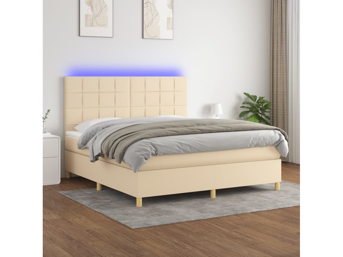 Cama Box Spring Colchón Y Luces Led Tela Crema 160x200 Cm