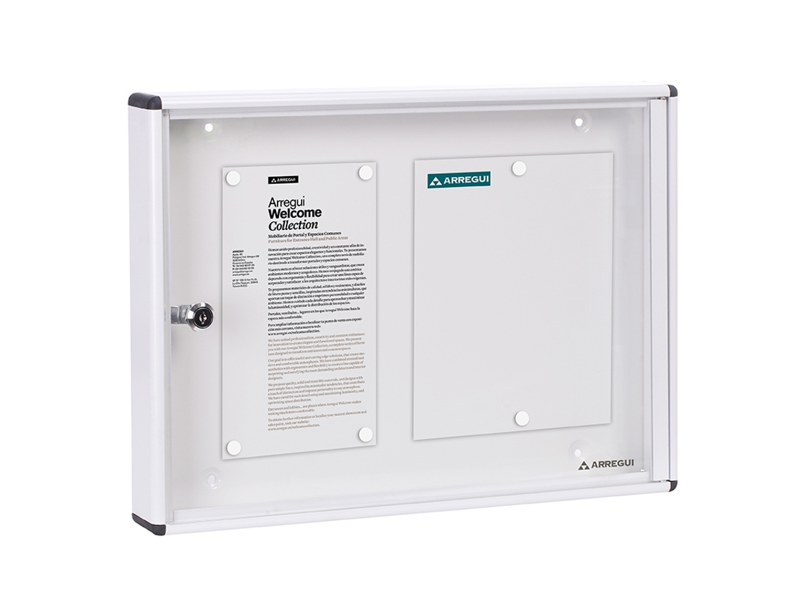 Panel publicitario de aluminio con capacidad para 2 mesas A4 DIN, con cerradura de llave.
