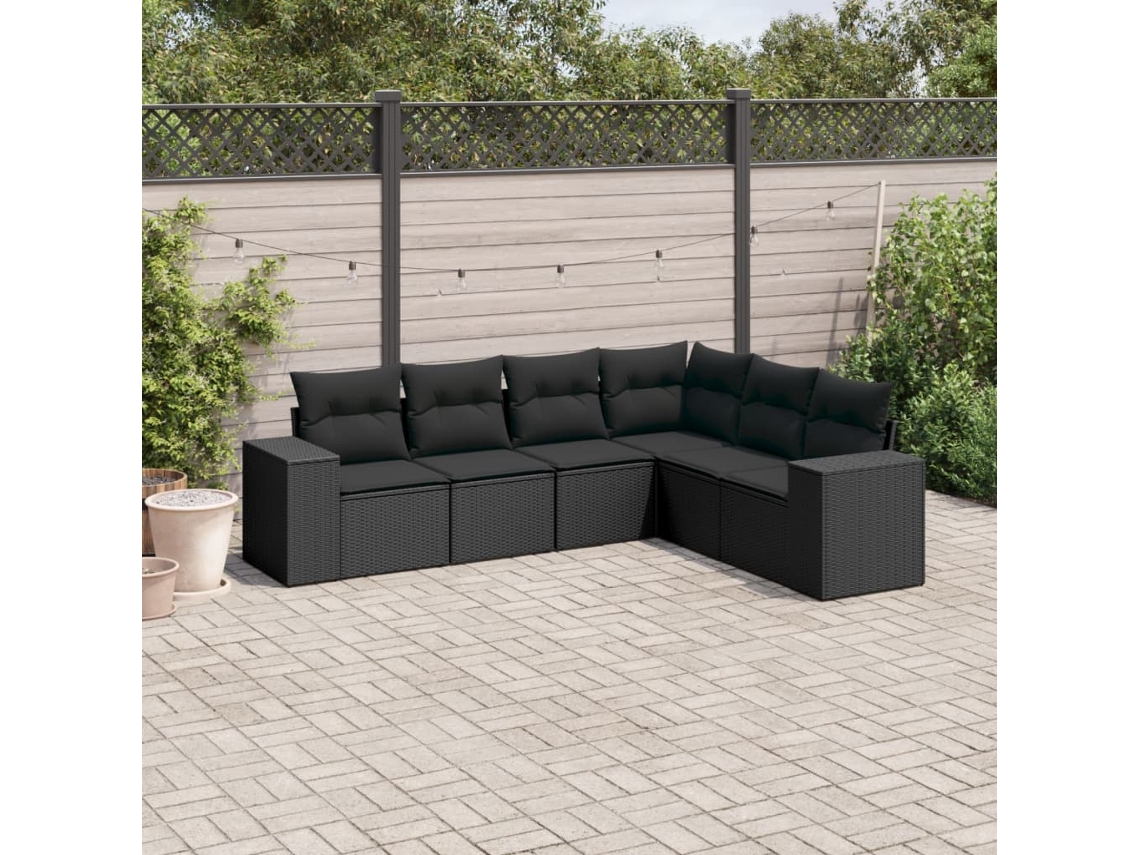 Conjunto de sofá de jardín de 6 piezas con cojines, mimbre sintético negro, DKD Home Decor
