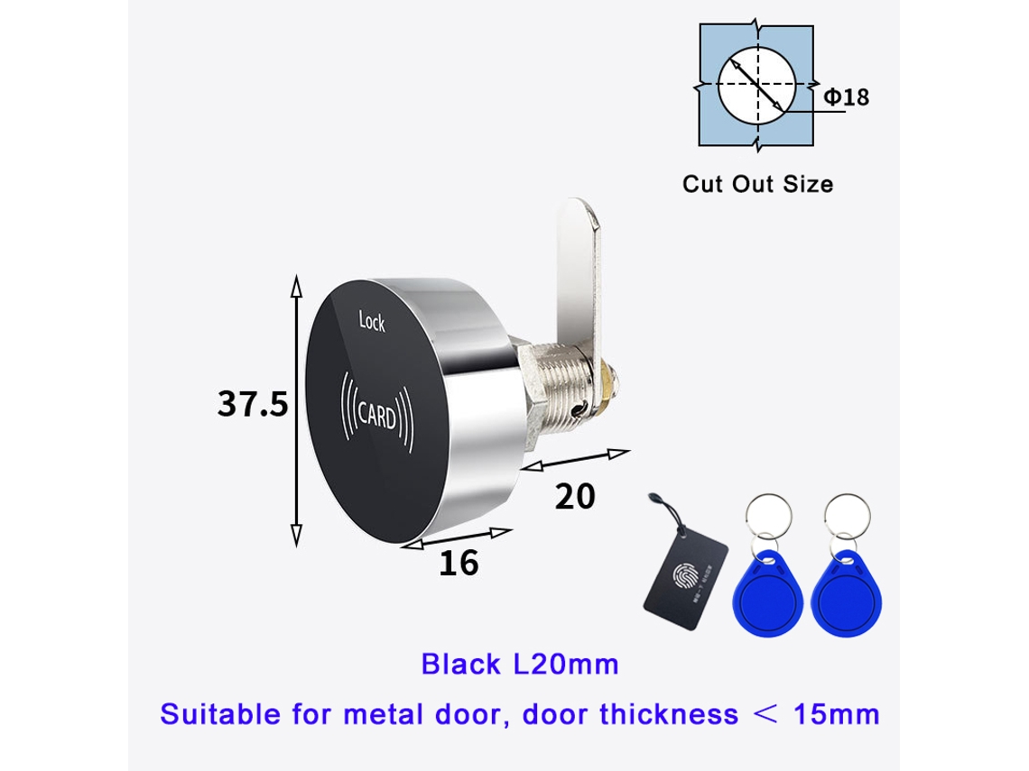 Cerradura sin llave con sensor de tarjeta RFID IC de 13,56 MHz para puertas y cajones de armarios MDUG (negro, L20 mm)
