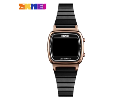 Reloj digital para mujer con banda de acero inoxidable, reloj LED electrónico cuadrado resistente al agua, tira de acero negra con carcasa de oro r...
